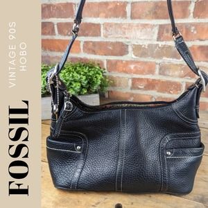 VINTAGE 90S FOSSIL | Black Leather Hobo Bag, GUC.